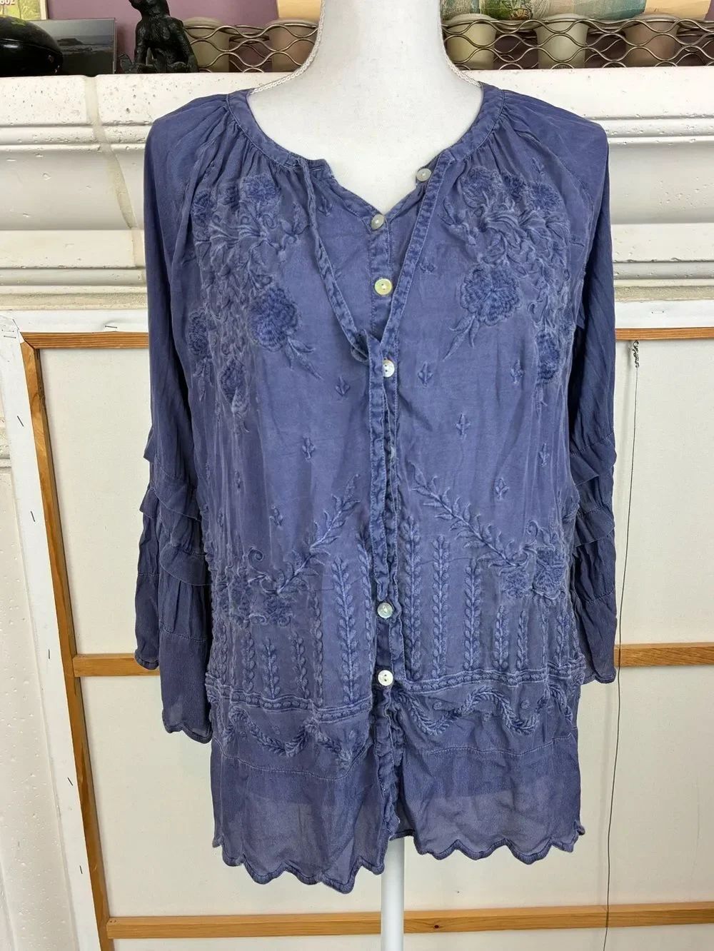 Lyla Seo Boho Embroidered Blouse w/ Lacy scalloping, tie neck, elaborate sleeve